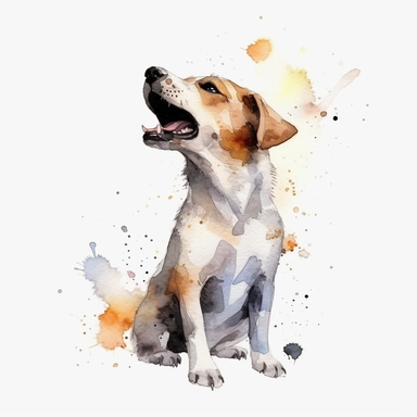 Watercolor dog barking clipart, white isolated background, space out, hd