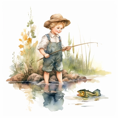 adorable vintage little boy fishing on a pond, watercolor clipart, high quality clipart, no background , high details