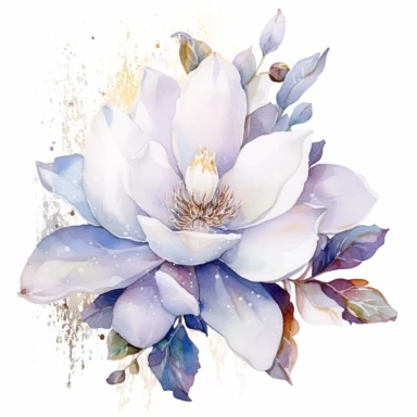 clipart magnolia, watercolor, white background, silver sequins