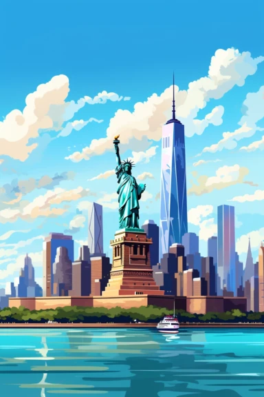 Great New York View, vibrant colors, cartoon style, white background, clipart, 2D, colorful, HD