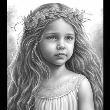 boho little girl, princess aurora, portrait, pose, very detailed and realistic, greyscale, clear image, withe background, clipart style