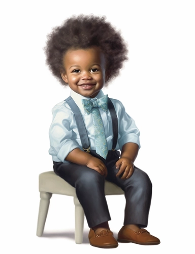 hasselblad 24 mm full body shot of a gorgeous african american baby boy very well dressed with Blue Eyes, clipart, Composition: Relaxed position with intricate high hairstyle, smiling, Style: Rococo, white background, hyperrealism, 32k