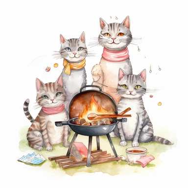 Watercolor group of friends three four people camping bbq cat smile png Full body realistic cartoon 32k UHD cute. 15 cm thick outline. Black color. There was no shadow on the ground. with realistic watercolors and detailed illustrations. Cartoon, PNG clipart, transparent white background