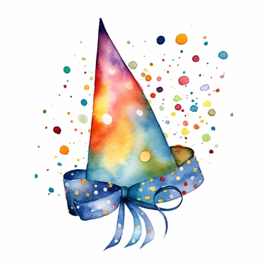 A birthday hat with bright polka dots and streamers clipart, white background, watercolor drawing