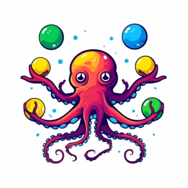 octopus, throwing balls in the air, above his head, juggling, colorful, clip art, logo