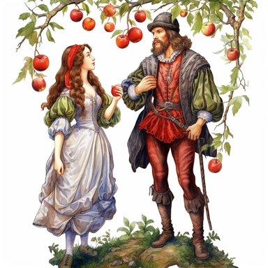 adam and eve watercolour in the style of digital airbrushing, realistic yet stylized, digitally enhanced, elaborate costumes, 32k uhd, clipart, white background