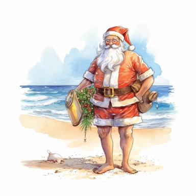 Watercolour of a santa on the beach , Clipart,Cartoon,hyper realistic, intricate detail isolated on a white background, high quality, sublimation, detailed, cartoon style