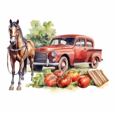 a beautiful horse carrying tomatoes, watercolor clipart & clip art, in the style of light red and dark gray, narrative paneling, classic american cars, uhd image, hand lettering, depiction of rural life, wood
