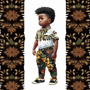 2d clipart, Full body, Gorgeous dark-skinned African American design of Beautiful tiny boy, attractive and chubby, He is wearing Juneteenth print pants, cool juneteenth print shirt, and cool shoes. 8k, white background, hyperrealistic