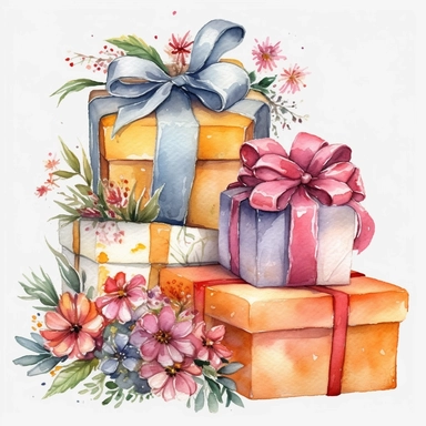 insanely beautiful pile of 3 gift packages , in the style of beatrice potter, 32k uhd, hand-painted details, pastoral illustrations, amazing colour combinations , aquarellist, hd , white background clipart ,-- no watermark--ar 27:37