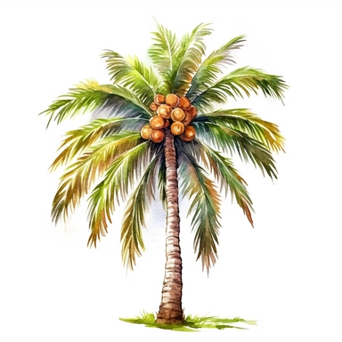 watercolor summer clipart digitally painted and retouched clip art, one coconut palm tree, iso 200, vintage cut-and-paste, white background, blink-and-you-miss-it detail