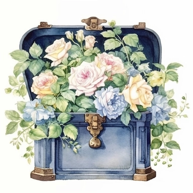 Empty open old blue/green pattern chest full of breathtaking english roses in pastel combo, clip art with white background,by ann buccarelli ,watercolor, white all around the chest, background ,watercolour, insanely detailed, on white background, amazing colour combo, with detailed watercolor blooms of spring garden flowers white/ pink/ green, bec winnel, intricately textured, close up, walter Langley, lucy grossmith, heavy impasto technique, detailed shading, atmospheric watercolours, on white 