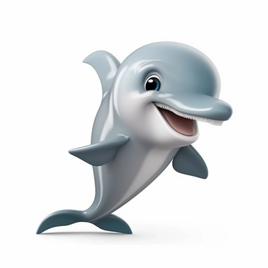 oilpainting, 2d icon of a super cute cartoon a beautiful smiling grey dolphine swimming clipart full body, 3d rendering, white background, clean