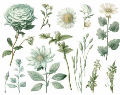 mint green pastel vector clipart flowers, in the style of dark white and light emerald, victorian-inspired illustrations, detailed botanical studies, nick alm, jeannette guichard-bunel, sterling silver highlights, hand-painted details