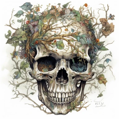 Develop a clipart image that portrays a human skull enveloped in a vibrant tapestry of intertwining flowers, dead leaves and tree branches reflecting Enki Bilal's artistic sensibilities. The flowers should weave in and out of the skull's eye sockets, nose, and mouth, suggesting a seamless connection between life and death. Use a white background to emphasize the rich watercolor hues and the intricate floral patterns.