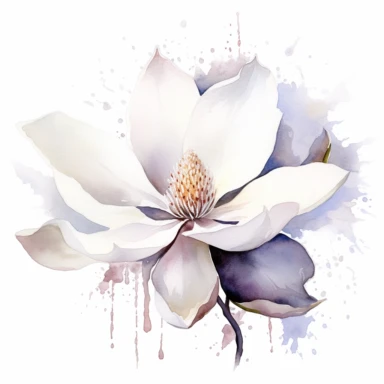 clipart magnolia, watercolor, white background, silver sequins