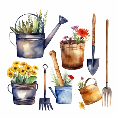 Watercolor illustration of a set of water bucket, watering can, scoop, broom, tree branch, rake, flower pot. Hand-drawn with watercolors and is suitable for all types of design and printing. Clip art
