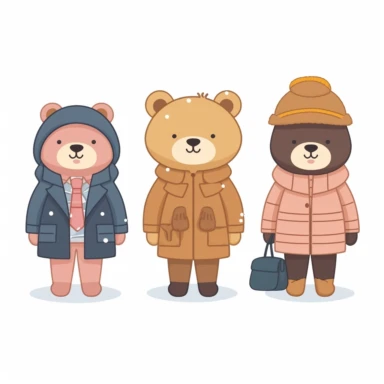 A modern, simplistic illustration showing a cute Teddy Bear with fashionistic human outfits in Cliparts in white background. The illustration should be in a playful flat design style. Make sure there is no use of shading, tone or texture. The illustration should have a simplified, streamlined appearance. The illustration should be well-suited for use in digital or print media, such as infographics.