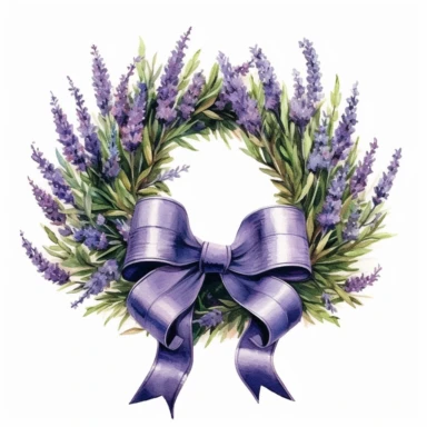 hyperrealism and photorealism Watercolor lavender wreath with a bow Clipart, White Background, Heigh Detail