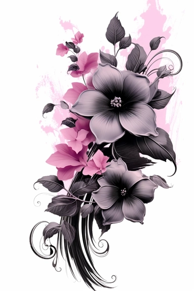 flower corner, floral border clipart, in the style of black and white realism, magenta and gray, uhd image, tattoo, monochromatic paintings, contemporary fairy tale, eye-catching detail