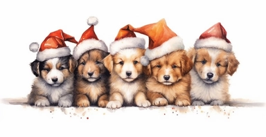 Cute golden collie puppies in a line, dressed in cute christmas outfits, playful, vivid colors, white background, ornamental watercolor clipart, I can't believe how beautiful this is