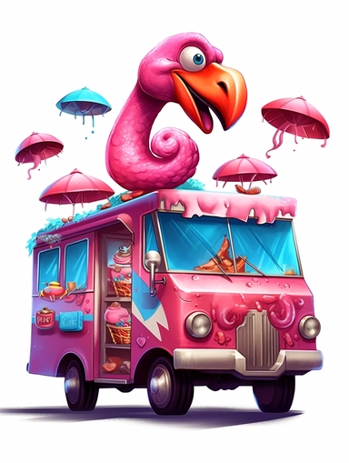 cartoon caricature flamingo, clipart, food truck, art ED REPKA,