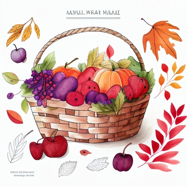 Create a hand-drawn less watercolor fashion illustration clipart of a basket of fall apples, featuring a charming and playful scene with a hand-drawn basket filled with fresh and colorful apples in shades of red, purple, and orange, set against a white background with a few scattered fallen leaves and a cute little worm peeking out, invoking the feeling of being in a whimsical and cheerful environment during the fall season.