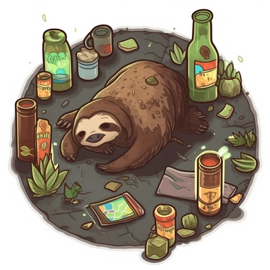 morale patch showing a drunk sloth lying in the evening streets covered in dirt and slime. Some bottles of beer. Broken glass. Clipart