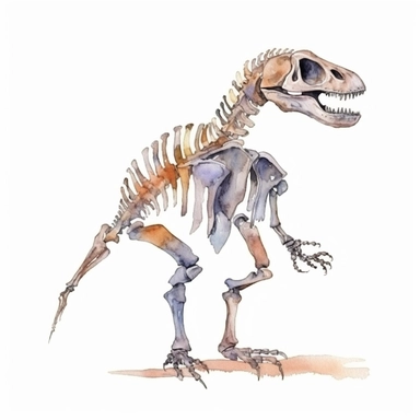 Watercolor dinosaur skeleton clipart, white isolated background, space out, hd
