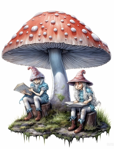 light gray and bubbles, two humanoid reading gnomes on a huge mushroom, highly detailed clipart, hdr, 32K, photo expert quality, greatest for coloring realistic, hyperrealistic and highly detailed, coloring book pages, isolated on a white background