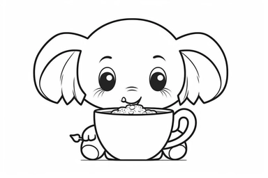 Random cute elephant inside a cup in an action dynamic pose, cute Kawaii single anything clipart. 2d outline simple vector monochrome coloring page depicting