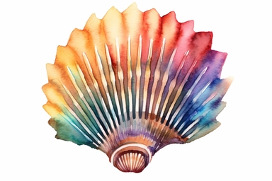 Watercolor, Create an artistic interpretation of a Venus comb murex shell, showcasing its long and slender spines, arranged like a comb, clipart, hd, on a white background, spaced out