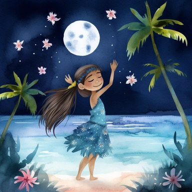 watercolour, tropical island setting, showcase an adorable little polynesian hula girl (aged 8) she is dancing under the moonlight on the beach with full moon and twinkling stars above, she is happy, she has tropical beautiful flowers in her hair, the feeling is magical, clipart style