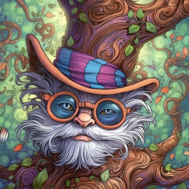 COMIC/CARTOON fantasy magical chehsire cat in a huge tree,large eyeglasses, hats, muted colors, swirls, twists, twirls, metallic, glitter, stylized, funny, centered, airbrushed, digital oil, detailed illustration, clip art, cartoon, 8k, ar 9:8