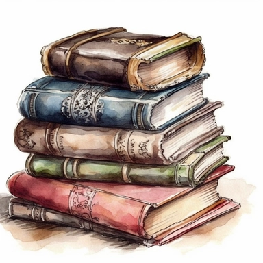 vintage book stack watercolor illustration clipart, detailed, hd, black outline, white background, watercolor, digital art
