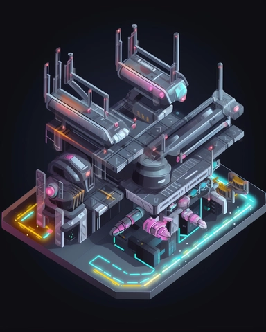 isometric perspective, game sprite, futuristic small spaceship hanger concept, gaming asset, sci-fi, fun, creative, cartoon, clipart, hyper-detailed, black background,