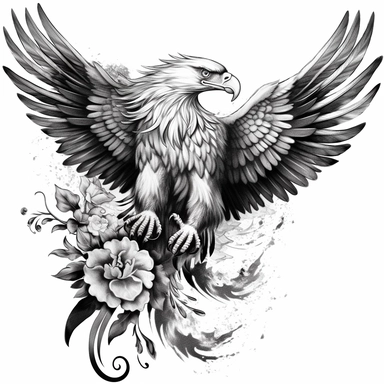 White paper eagle tattoo with black and white shadow with flor, tattoo clipart
