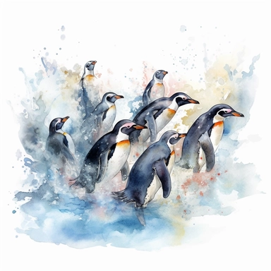 Watercolor clipart consist group of penguins splashing and swimming in the water, showcasing their playful nature, Produce very high detailed image, Produce very high quality image, The penguin proportion is same as real emperor penguin, Left some white empty space around the image frame,