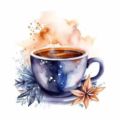 watercolor clipart of a cute charming cup of tea, sparkles, winter wonderland vibes, isolated on white background