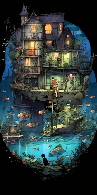 father and son fishing, from multi decker house surrounded by water full of fish, peaceful night theme with its own habitats (flowers and plants) made into a heart-shape vintage in watercolor style clipart, use darker tones, higher saturation colors, Banksy artstyle with minimal effects, super creative watercolor, completely black background