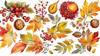 watercolor fall illustration. autumn leaves, sunflower, maple leaf, rowan berries, oak, acorn arragement. thanksgiving clipart , post-impressionism art style, high quality, high resolution, clean detailed