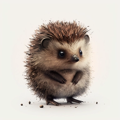 Woodland fluffy hedgehog Clipart Watercolor, cute, lovely, happy, funny, friendly full body furry brown grey baby hedgehog walking, large emotive eyes, intense gaze, looking straight, watercolour, looking surprised and cute, white background, no plants, no grass, nursery clipart