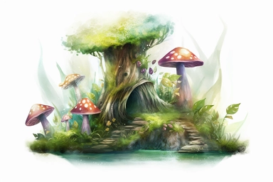 watercolour clipart, beautiful， fairyland, beautiful, lighting, fantasy, forest, interesting creatures, photo realism,