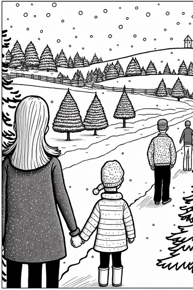 completely white background, over the shoulder pov, a Christmas tree farm with rows of trees and a family picking out the perfect one to take home, snowy landscape, christmas presents in the foreground, mosaic, intricate, whimsical, cute, black and white coloring book for kids, line art style hand drawn, clip art, pure black, pure white, white background, 100% white fill, no noise, clean lines, outline art
