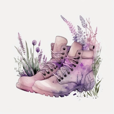water color hiking boots for girls, realistic look, at summer on a windy day at a lavender field, light pink colors, clipart, hd, white background