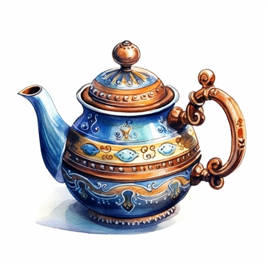watercolor clipart of a ceramic teapot, vintage homely vibes, isolated on white background, very detailed, Cartoon,hyper realistic, intricate detail, illustration style,high solution,on the white background