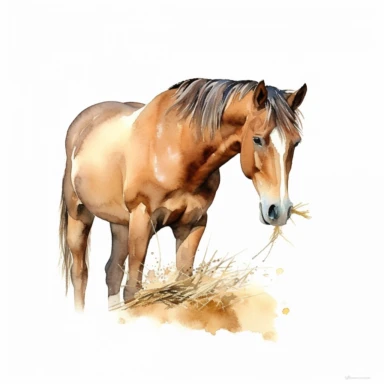 a horse eating straw, watercolour style, clipart style, isolated on white background, 8k, full hd, ultra clear image
