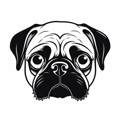 Simple outline of a front - facing crooked head happy Pug dog head peeking with front paws, cute clipart, flat 2d vector, minimalist, black and white, kids cartoon, svg cut file, line art drawing, white isolated background