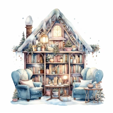 Watercolor clipart of a cute vintage library, sparkles, cosy winter wonderland vibes, isolated on white background