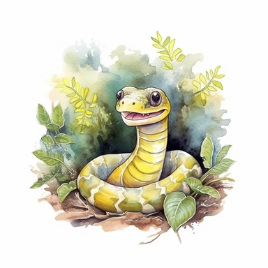 a captivating watercolor clipart image with a white background and white margins, featuring a cute sweet kawaii extremely happy smiling cartoon woodland yellow snake. The ultra-detailed, hand-drawn elements capture the details. Use vibrant shades of various colors to create a visually appealing image